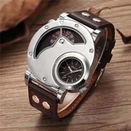 Oulm Fashion Silver Case Men's Watches Dual Time Zone PU Leather Wristwatch Casual Sports Male Watch Relogio Masculino Wristw217W