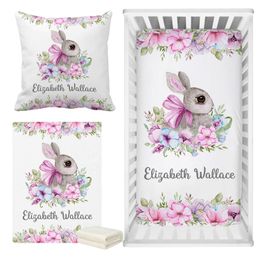 Bedding sets LVYZIHO Pink Purple Floral Bunny Custom Name Rabbit Bedding Set Baby Shower Gift Bedding Set 230809