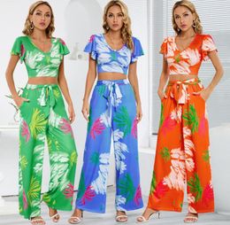 Women's Blouses Boho 2023 Summer Wide Leg Pantsuit Slim Resort-casual Style Culottes Two-piece Suit