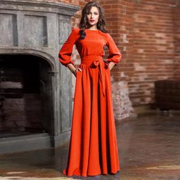 Casual Dresses Elegant Maxi Dress Long Sleeves Waist Belt Slimming Solid Women Vestidos 2023 Party Prom Plus Size