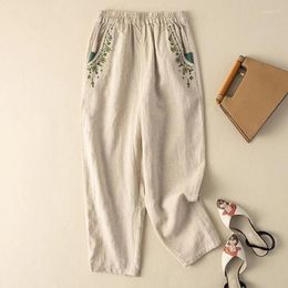 Women's Pants Summer Linen Breathable Embroidery Trousers For Women Simple Vintage Elastic Mid Waist Female Clothes Daily Home Outdoor