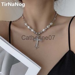 Pendant Necklaces Hip-Hop Punk Rock Retro Personality Baroque Imitation Pearl Necklace Contracted Geometric Cross Pendant Chain Of Clavicle J230809