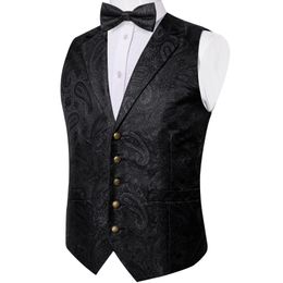 Men's Vests Luxury Black Paisley Silk Suit Vest for Men Bow Tie Handkerchief Cufflinks Wedding Party Formal Tuxedo Waistcoat 230808