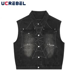 Mens Jackets Spider Web Distressed Sleeveless Jacket Hip Hop Embroidery Denim Loose Outerwear 230808