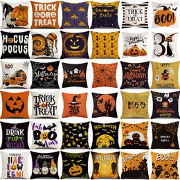 Set of 4 Halloween Pillow Linen Throw Pillow Covers 18x18 Inch Autumn Pumpkins, skeletons, bats, ghosts, Home Decor Pillowcase Square Cushion Covers for Sofa Bed Couch