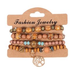 Charm Bracelets 4Pcs/Set Bohemian Wooden Beaded Chains For Women Tree Of Life Metal Rose Flower Wood Beads Bangle Fashion Boho Jewelry Dhfye