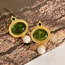 Stud Earrings French Emerald Oval Shaped Vintage Imitation Pearl Pendientes Modern Fashion Accessories