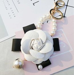 Leather Camellia Flower Keychain Keyring For Women Bag Charm Glass Pearl Key Chain Gold Car Keyrings