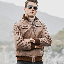 Men's Jackets Casual High Quality Pigskin Genuine Leather Men Short Winter Long Sleeve Stand Collar Rib Patchwork Slim Coats Plus Size