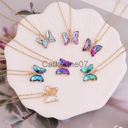 Pendant Necklaces New Korean Super Fairy Girl Fantasy Glass Crystal Butterfly Pendant Necklace Female Clavicle Chain Popular Necklace J230809