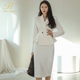 Women s Suits Blazers H Han Queen Profession Set Women Coat Crop Top And High Waist Bodycon Pencil Skirts Korean Slim Chic Office Lady Skirt 230809