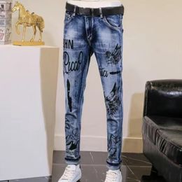Mens Jeans Autumn Trendy Streetwear Blue for Men Luxury with Print Bee Korean Style Hip Hop Slim Fit Leg Male Denim Pants 230809