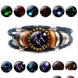 Charm Bracelets Newest 12 Zodiac Sign Bracelet For Women Men Vintage Horoscope Hobby Mti Layered Leather Wrap Bangle Fashion Jewellery D Dhmxk