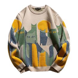 Men's Sweaters Japanese Harajuku Knitted Sweater Men Women Cartoon Full Cat Print Pullover Vintage Causal Loose Sweaters Streetwear Autumn 230808