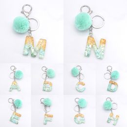 Blue Pompom Letter Keychain Fashion Words Keyring with Puffer Ball Glitter Gradient Color Resin Crafts Handbag Charms Pendant