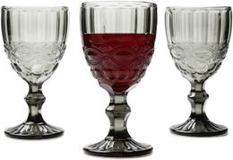 Szhome 10oz Wine Glasses Colored Glass Goblet with Stem 300ml Vintage Pattern Embossed Romantic Drinkware for Party Wedding i0809