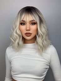 Ombre Blonde Short Bob Synthetic Wig for Women with Bangs White Gold Body Wave Cosplay Lolita Natural Heat Resistant Hair