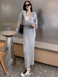 Work Dresses Sports Casual Tracksuit Women Skirts Suit Korean Fashion Zip Up Hoodie And Long Slit Solid Dress Two Piece Sets Sweatshirt Set