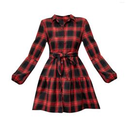 Casual Dresses Ladies V Neck Long Sleeve Black Red Plaid Print Dress Loose Backless Summer Download