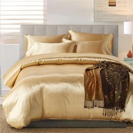 100% Good Quality Satin Silk Bedding Sets Flat Solid Colour UK Size 3 pcs Gold Duvet Cover Flat Sheet Pillowcases2906