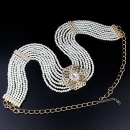 Belly Chains Sunspicems Women Beaded Waist Belt Chain Pearl Caftan Belt Gold Colour Flower Buckle Adjustable Length Wedding Dress Jewellery 230808