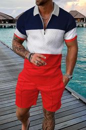 Men's Tracksuits Spring And Summer Suit Polyester Jacquard Craft Casual Fashion Red Polo Shirt Zipper Two Piece Set