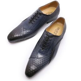 Italian Shoes Handmade Autumn Mens Dress Shoes Lace Up Genuine Leather Wedding Formal Oxfords Business Office Black Blue Shoes