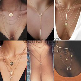 Pendant Necklaces Vintage Multilayer Crystal Pendant Necklace Women Gold Colour Beads Moon Star Horn Crescent Choker Necklaces Jewellery New J230809