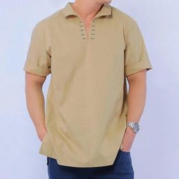 Men's T Shirts 2023 Linen Summer Lapel V Neck Cotton T-shirt Male Solid Color Short Sleeve Breathable Tshirt Tops M-3XL