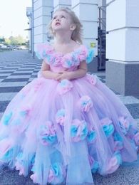 Girl Dresses Kids Cute Wedding Flower 3D Floral Appliques Pageant Ball Gowns With Sweep Train For Birthday Party Custom Made