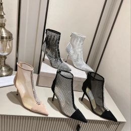 Winter Women Excellent Quality Ankle Boots High Heels Luxury Brands Bing Pink Black Suede Mesh Ankle Booties Crystal Embellishment Lady Pointed Toe wedding shoes