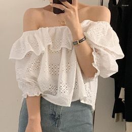 Women's Blouses Off Shoulder Summer Ruffled Lace Blouse Women Korean Stylish Loose Sexy Top Woman Slash Neck Short Sleeve Hollow Out Shirt