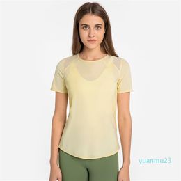 L-156 Short Sleeve Quick-Drying Sports Shirts Mesh Stitching Ice-Feel Breathable Lightweight Yoga Tops Women Back Open Hole Fitnes