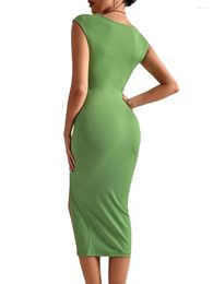 Casual Dresses Women S Bodycon Midi Dress Sleeveless Round Neck Twist Front Cutout Thigh Split (Green S)