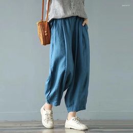 Women's Pants Women Summer Retro Linen Ladies Elastic Waist Flax Vintage Wide Leg Trousers Female 2023 Solid Color