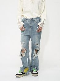 Men's Jeans YIHANKE Loose High Street Beggar Ripped Graffiti Denim Trousers Heavy Industry Straight Leg