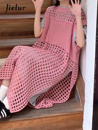 Urban Sexy Dresses Jielur Summer Y2K Hollow Out Women's Dress Chicly Solid Sweet Sexy Dress Woman Pink Korean Loose Fashion Dresses Female 230808