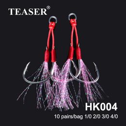 Fishing Hooks TEASER 10pcs lot Professional Saltwater High Carbon Jigging Twin Assist Hook Carp Ice Snap Circle Fishhook Accessories 230809