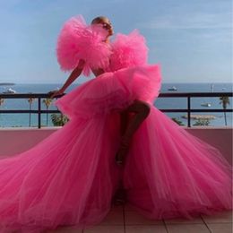 Urban Sexy Dresses Fashion Pink High Low Tulle Prom Gowns Very Lush Tulle Sleeves Sexy Long Tulle Women Dresses To Red Carpet Tulle Robe 230809