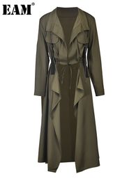 Women's Trench Coats EAM Army Green Long Women Big Size Vneck Sleeve Loose Fit Windbreaker Fashion Spring Autumn 2023 1DE108206 230808