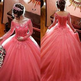 Modest Coral Quinceanera Dresses Long Sleeve Ball Gown Off The Shoulder Vestidos De 15 Anos Lace Appliques Robe De Ball Floor Leng2560