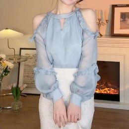 Women's Blouses Blue Chiffon Shirt Spring Summer Fashion Blouse 2023 Female Korean Style Elegant Solid Round Neck Long Sleeve