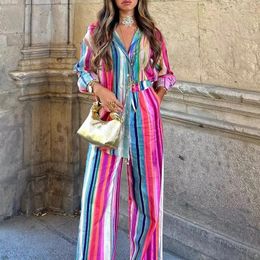 Women's Two Piece Pants Women Colorful Striped Shirt Trousers Suits 2023 Summer Loose Blouse Wide Leg Fashion Female 2 Pieces Suit Sets