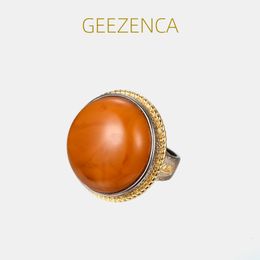 Wedding Rings GEEZENCA Round Amber 925 Sterling Silver Exaggerated Big For Women Luxury Vintage Simple Egg Face Gemstone Ring 2023 230808