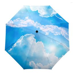 Umbrellas Blue Sky White Cloud Non Automatic Umbrella Men Women Rain Windproof Outdoor Travel Sun Three Folding Gift Parasol