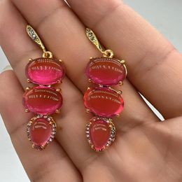 Dangle Chandelier Luxury Metal Gold Plated Three Pink Moonstone Hook Drop Earrings for Women 230808