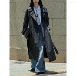 Women's Trench Coats Rain Coat Black Double Breasted Belted Long Jackets Lmitation Leather PU Windbreaker