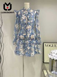 Basic Casual Dresses LUXEENVY 2023 Summer New Long Sleeve Round Neck Wooden Ear Lace Waist Shrink Print Chiffon Aline Dress Cake Dress J2308009