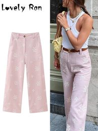 Women's Pants Capris Summer Embroidery Cotton Linen Pants For Women Y2K Pink Casual Loose Wide Leg Long Pants Female Breathable Straight Trouser 230809