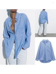 Women's Blouses Spring Summer Fashion Elegant Casual Long Sleeve Lapel Front Patch Pocket Button Linen Blend Striped Loose Shirt